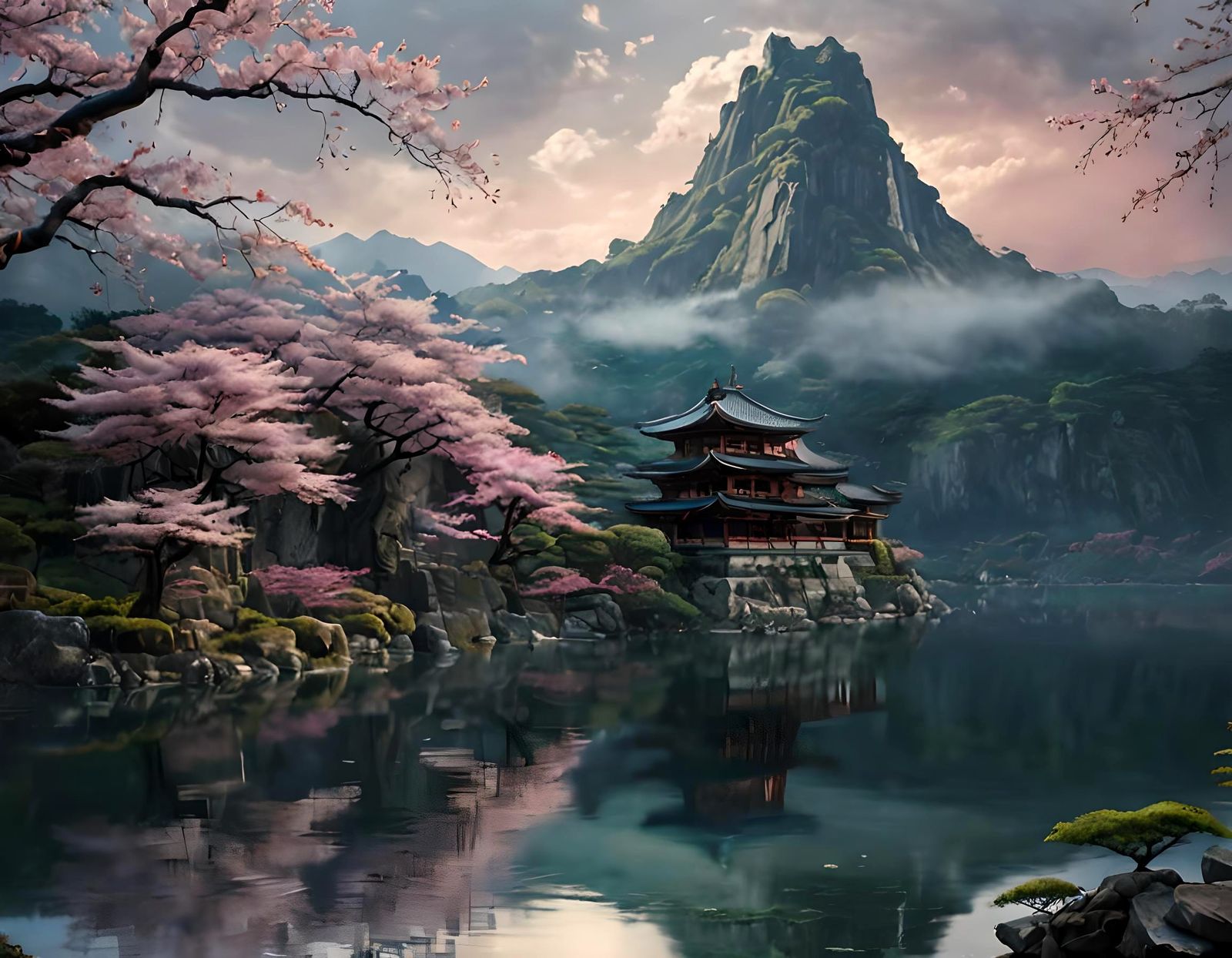 A Serene Ancient Sakura Tree Amidst Majestic Japanese Landsc...