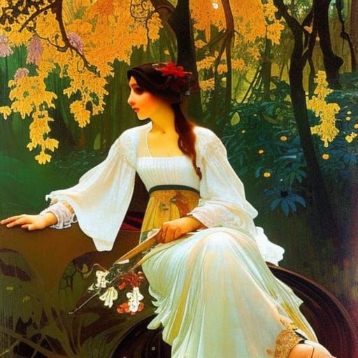 Enchanted Autumn Forest Corner: Art Nouveau Painting