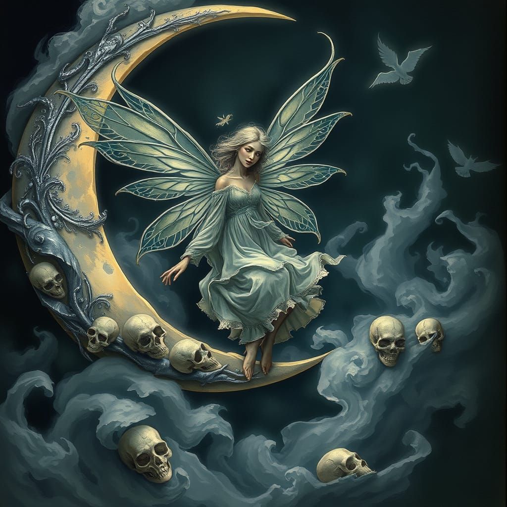 Dark Fantasy Fairy on Crescent Moon with Skulls in Ethereal ...