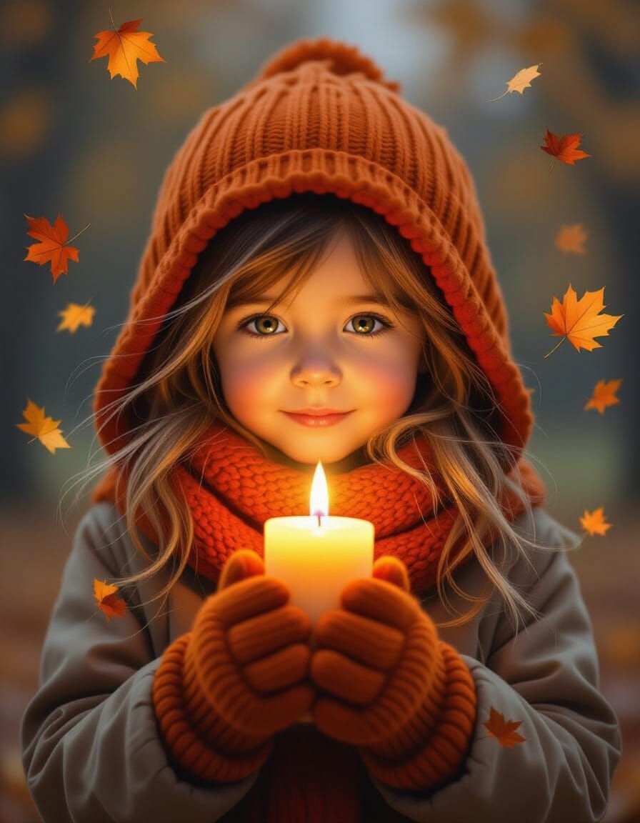 Girl with Glowing Candle in Autumn Night