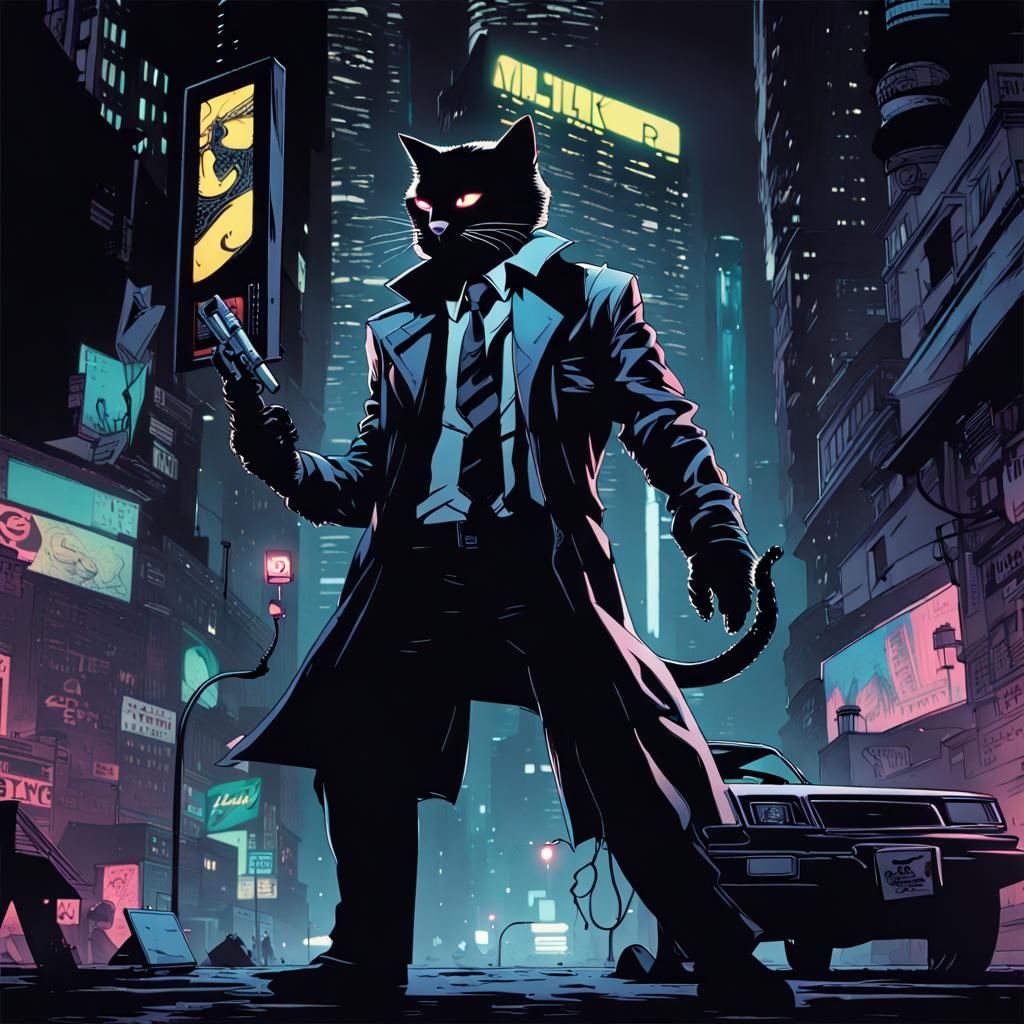 16k resolution, art by Sin City, Frank Miller, modern cat detective character, cyber-noir cityscape, high-tech gadgets, ...
