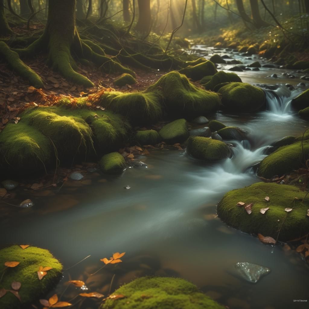 Mystical Forest Brook Captured in Macro Photography