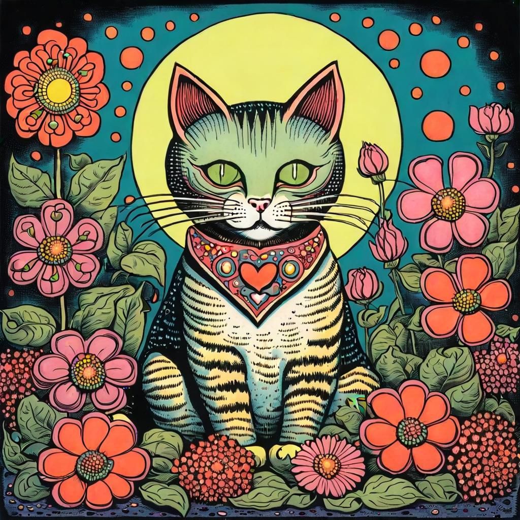 Grotesque Whimsy in Basil Wolverton Style: Cute Cat in Flora...