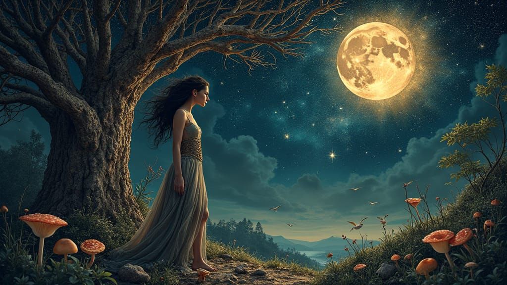 Cosmic Goddesses Capturing Sun and Moon in Surreal Drama