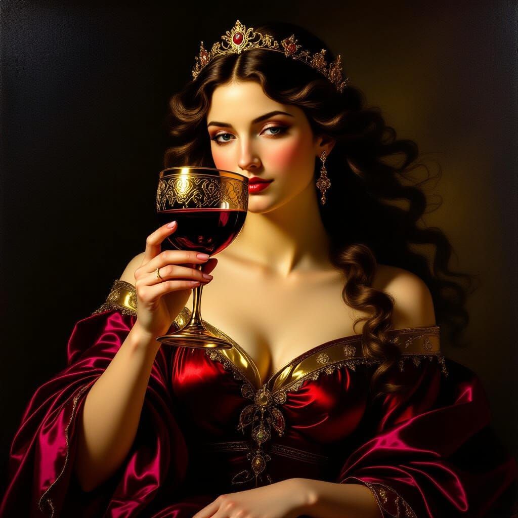Divine Goddess Drinks Red Wine From Gold Goblet