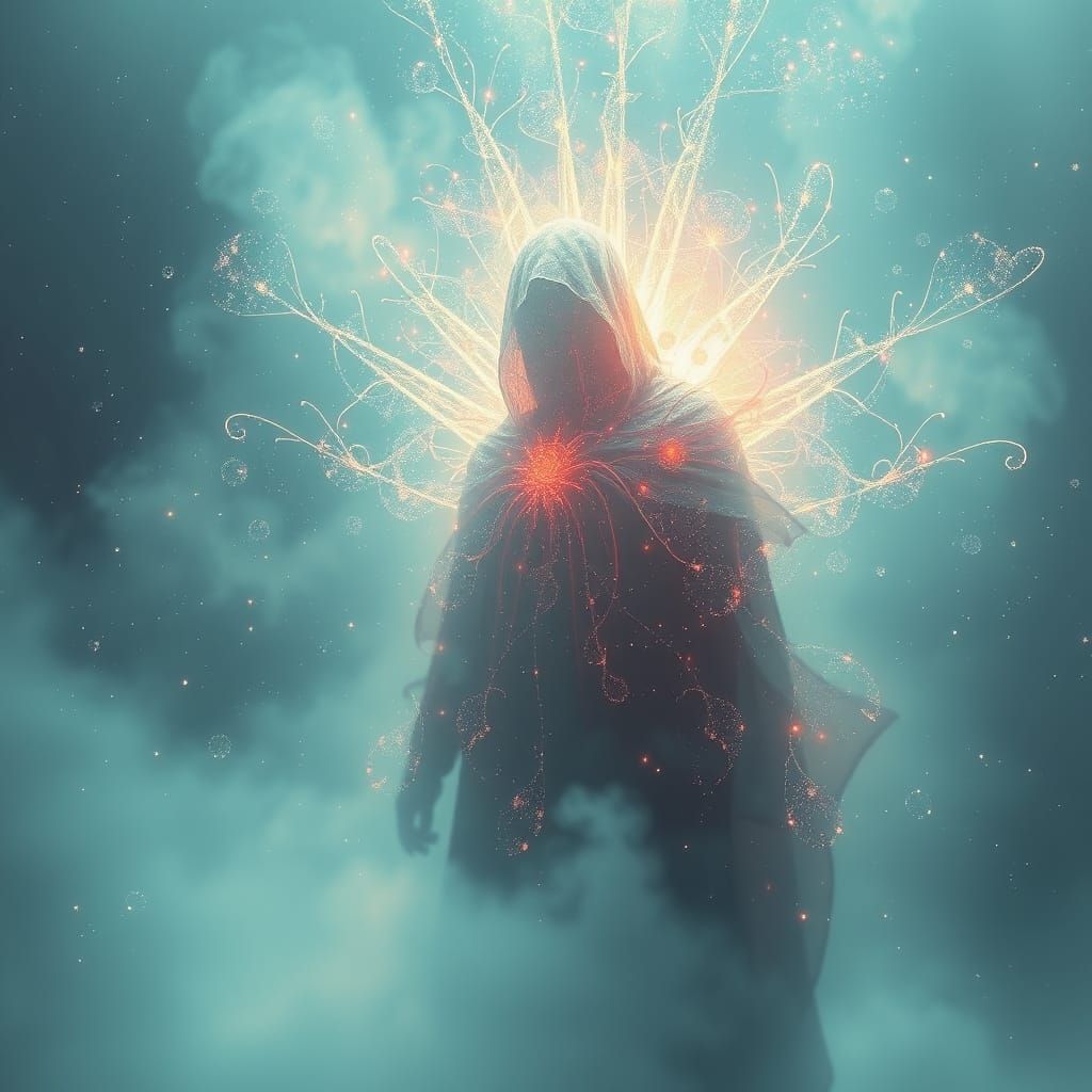 Mystical Figure in Glistening Mist: Digital Art