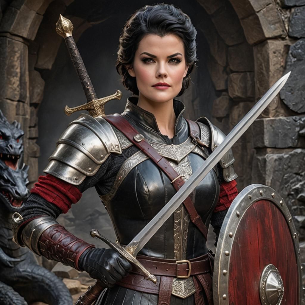 Adventurous knight, lustrous black 1960’s bouffant hair, black eyeshadow, red lips, smiling, metal trimmed leather armou...