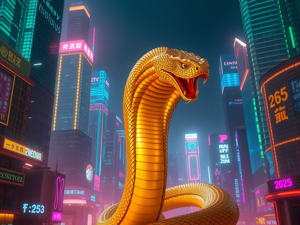 Mystical Cyberpunk Serpent Rises from Neon City Skyscraper i...
