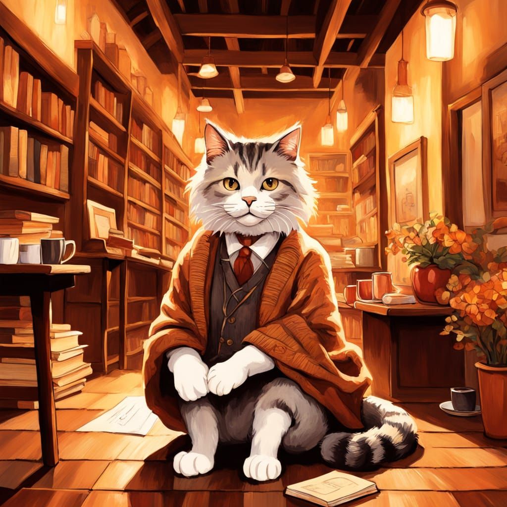 Cozy Cafe Corner with Cats and Books