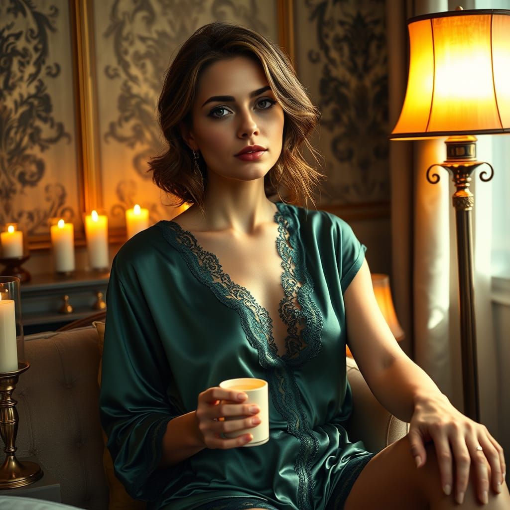 Luxurious Woman in Jewel Toned Loungewear Amidst Modern Luxu...