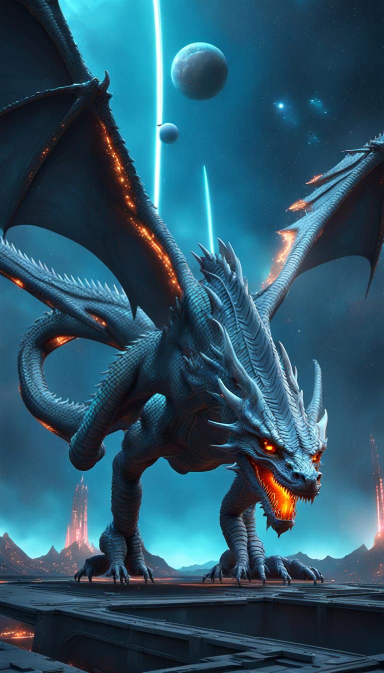 Cosmic Gray Dragon Takes Flight in Stunning Neon Hues