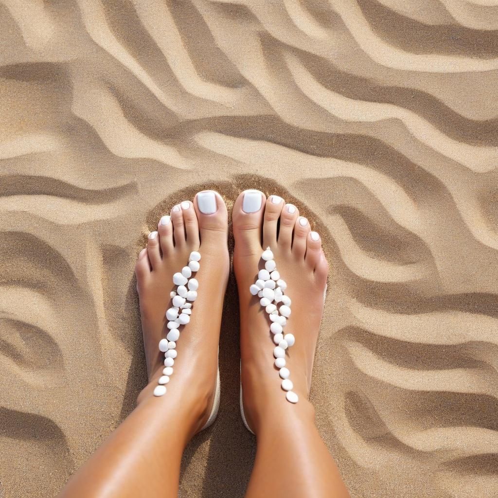 Woman's Feet in White Nail Polish on Sandy Beach