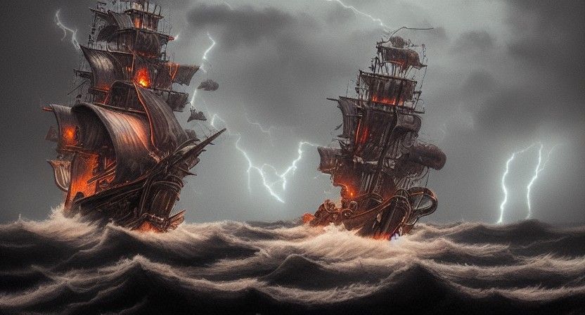 Dark Pirate Vessel Rides the Stormy Seas