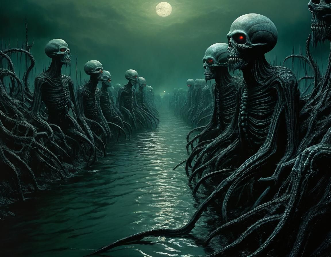 Demonic Souls Tormented in a Dark, Eerily Lit River