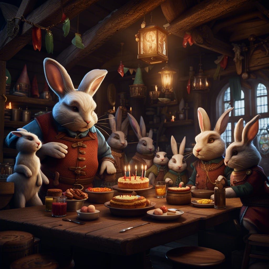 Rabbit Family Celebrates a Whimsical Birthday in a Vibrant T...