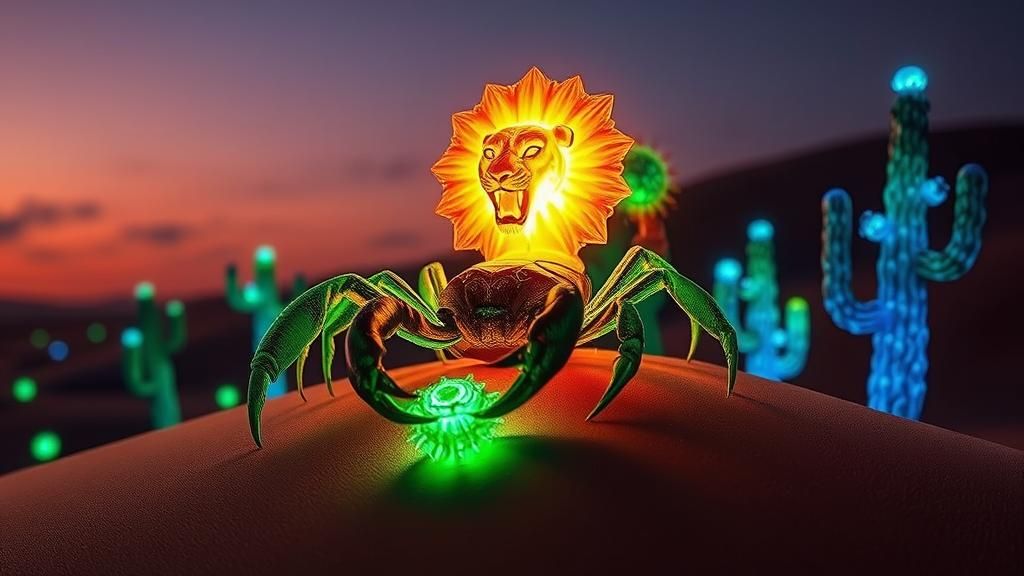 Luminous Scorpion Lion Awakens Mystical Desert Twilight