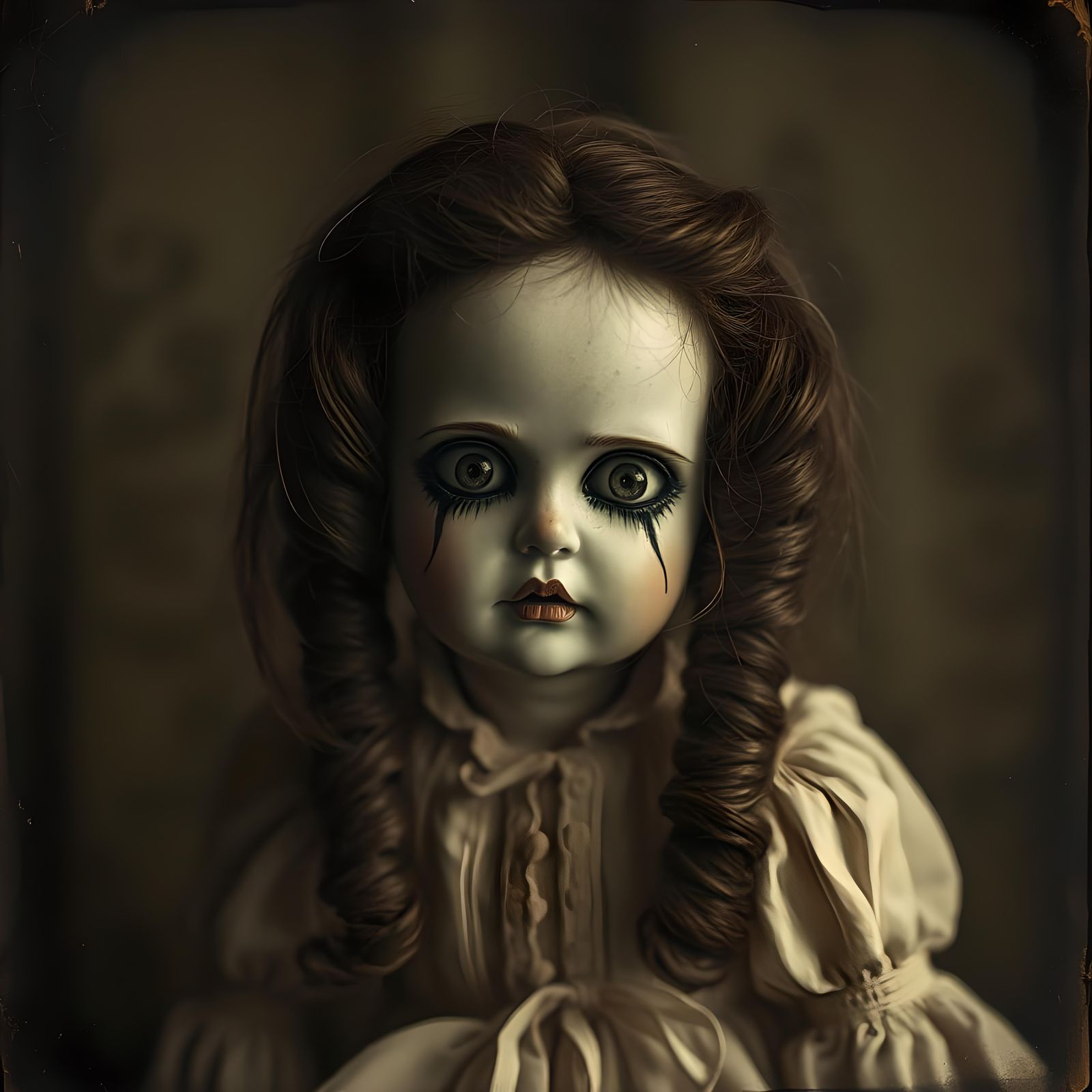 Mysterious, Antique Porcelain Doll in a Haunting Sepia Scene