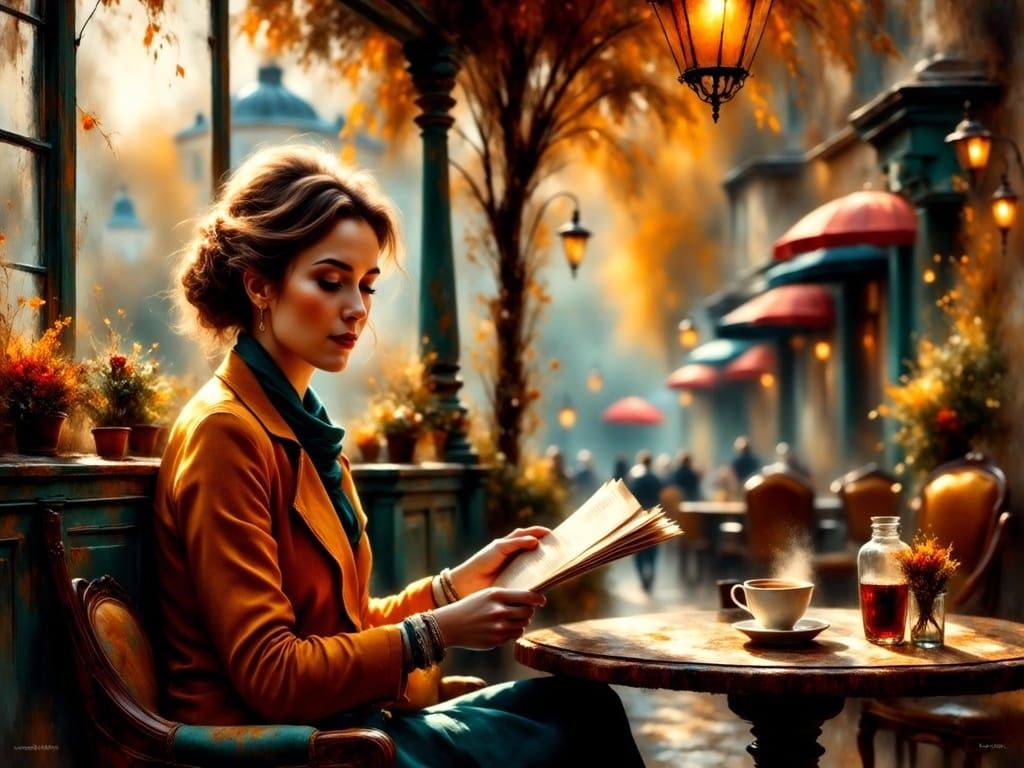 <lora:ImpressionistMusings:1.0> Middle aged woman reading newspaper and drinking coffee in a cozy cafe, autumn afternoon...