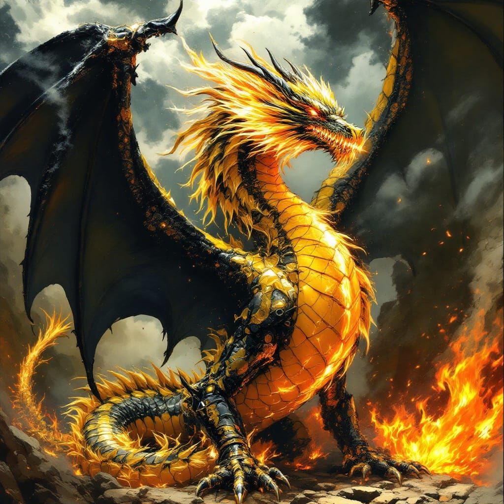 Majestic Yellow and Black Dragon Fights with Fiery Breath in...