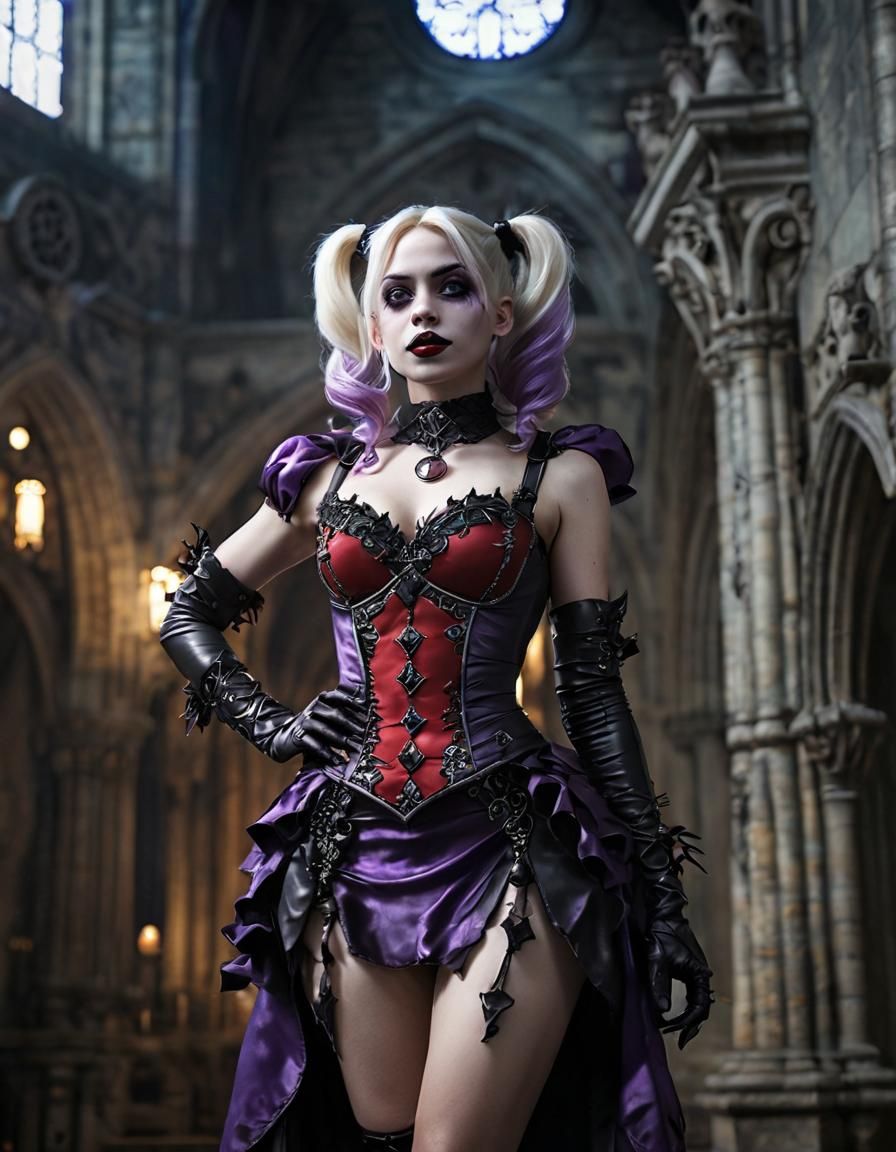Ethereal Harley Quinn in Dark Gothic Cathedral
