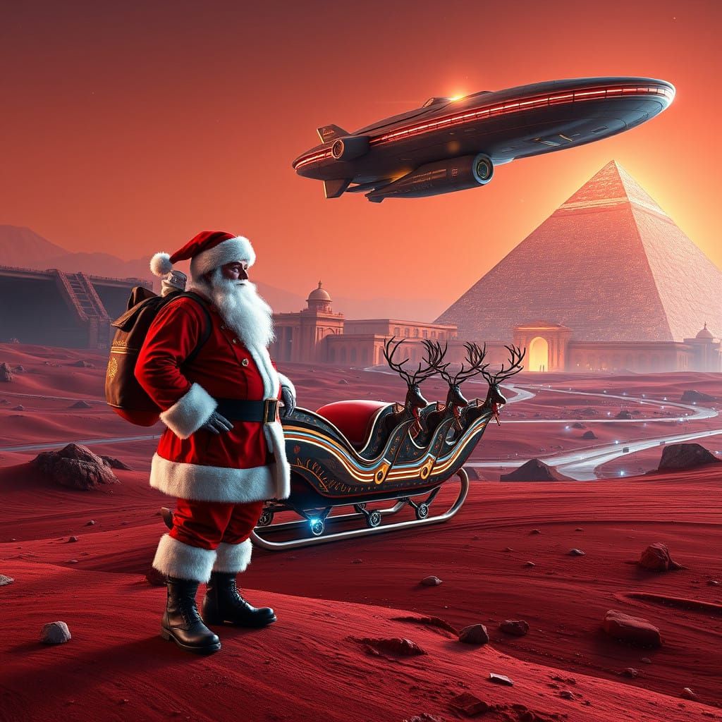 Santa Claus on Mars Amidst Ancient Wonders