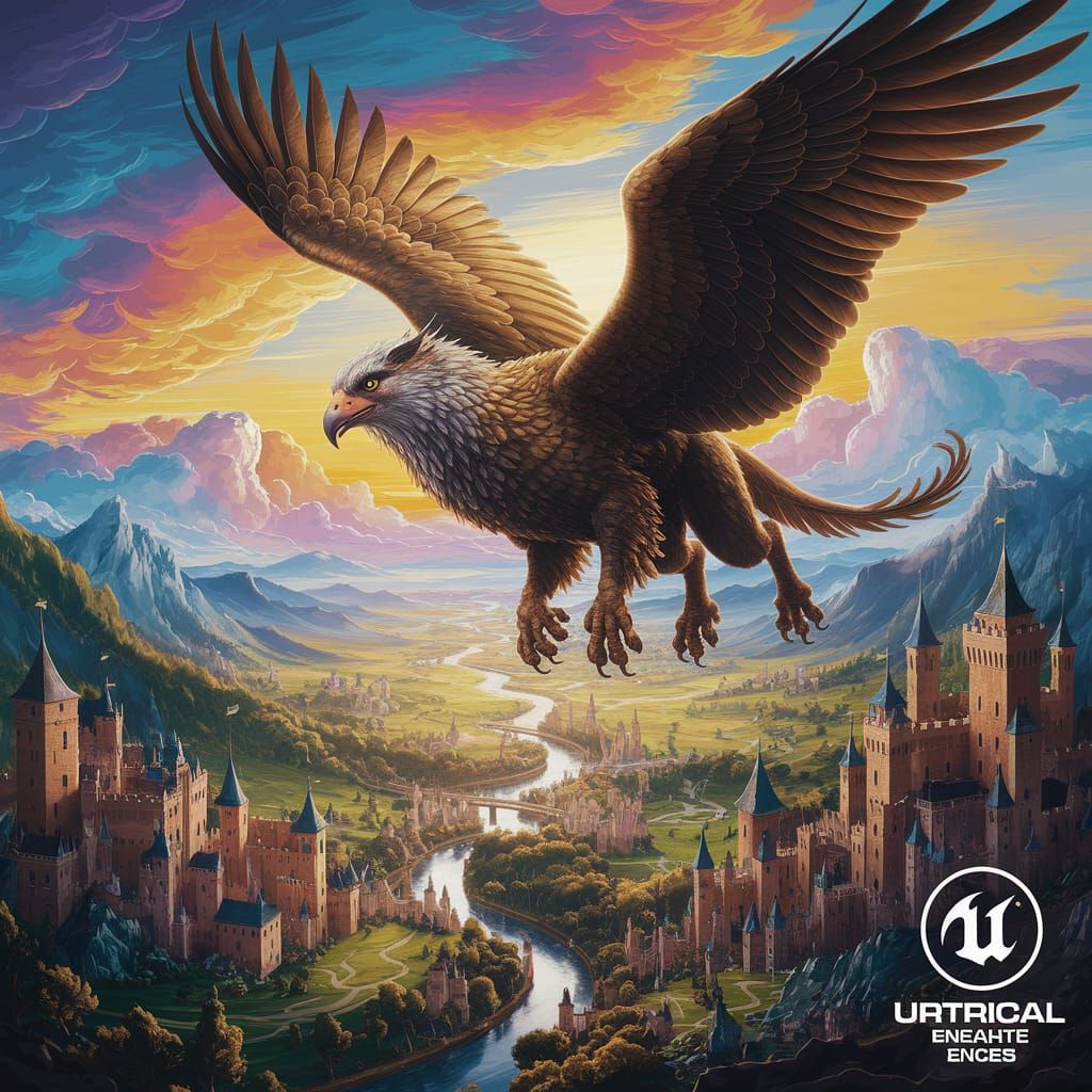 Griffin Soaring Over Kingdom in Classic Oil Painting