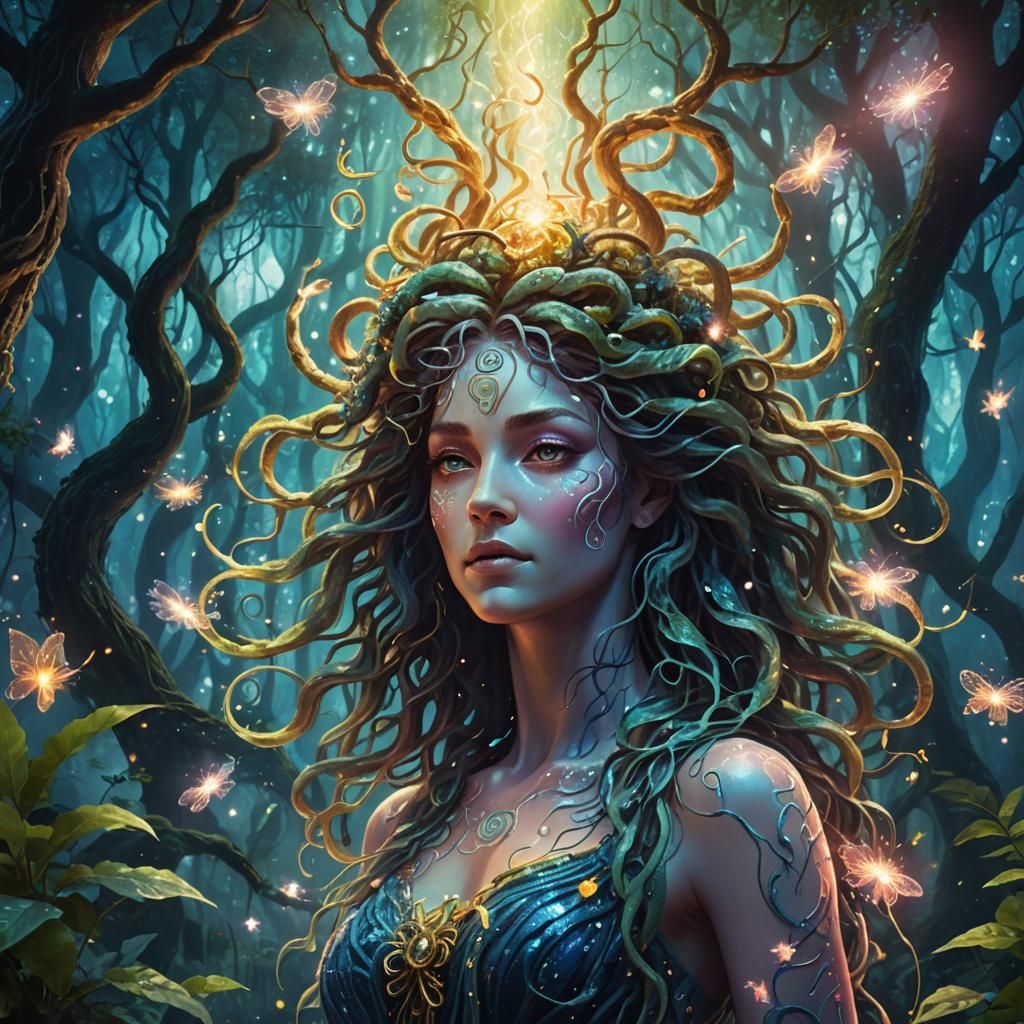 Surreal Astral Goddess in a Whimsical Forest Scene
