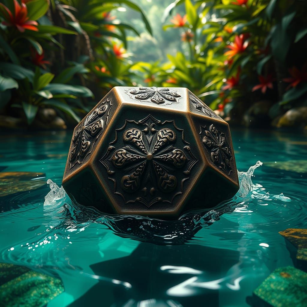 Hyperrealistic Bronze Dodecahedron in Jungle Water Pool