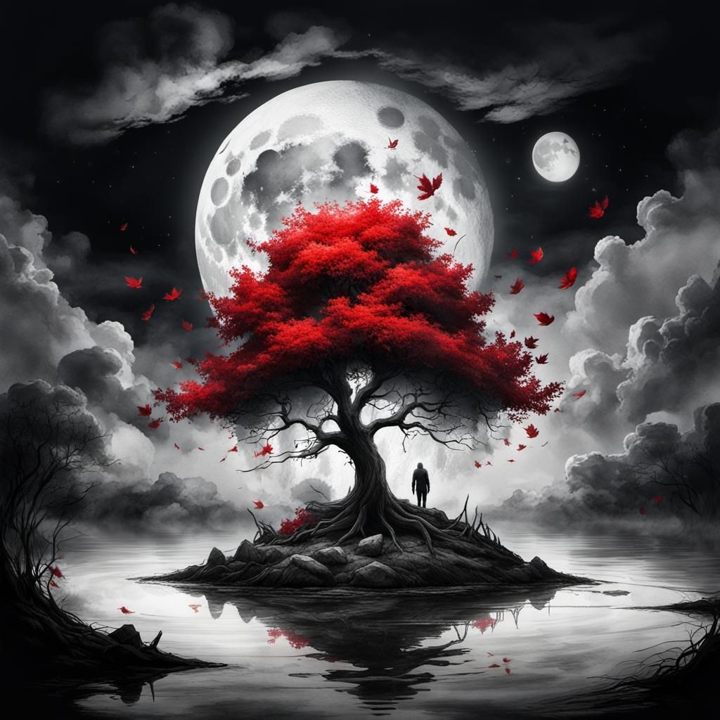 Floating Red Leaves Tree in Dark Mystical Landscape