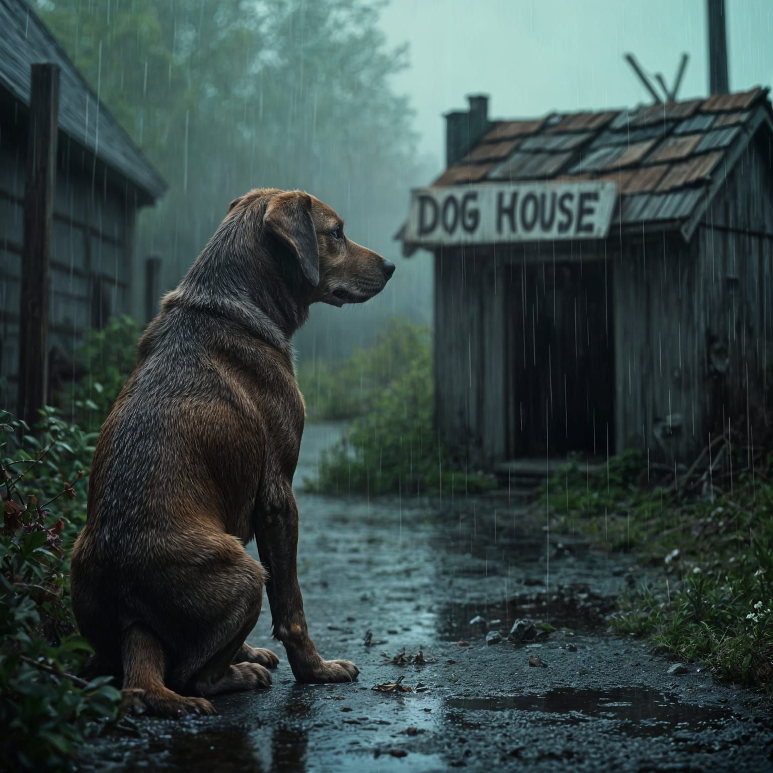 Rainy Backyard Heartache in Photorealistic Style