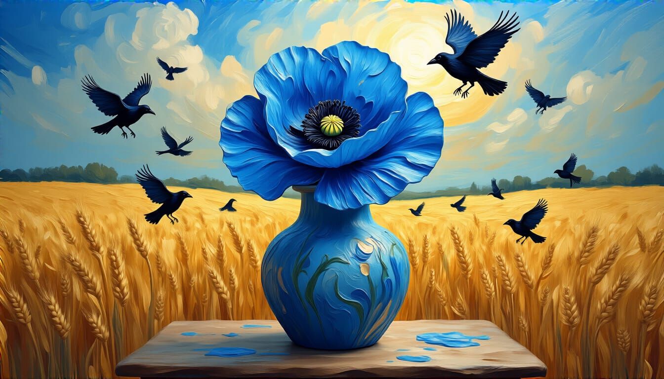 Abstract Blue Poppy Crock Sculpture in Wheat Field