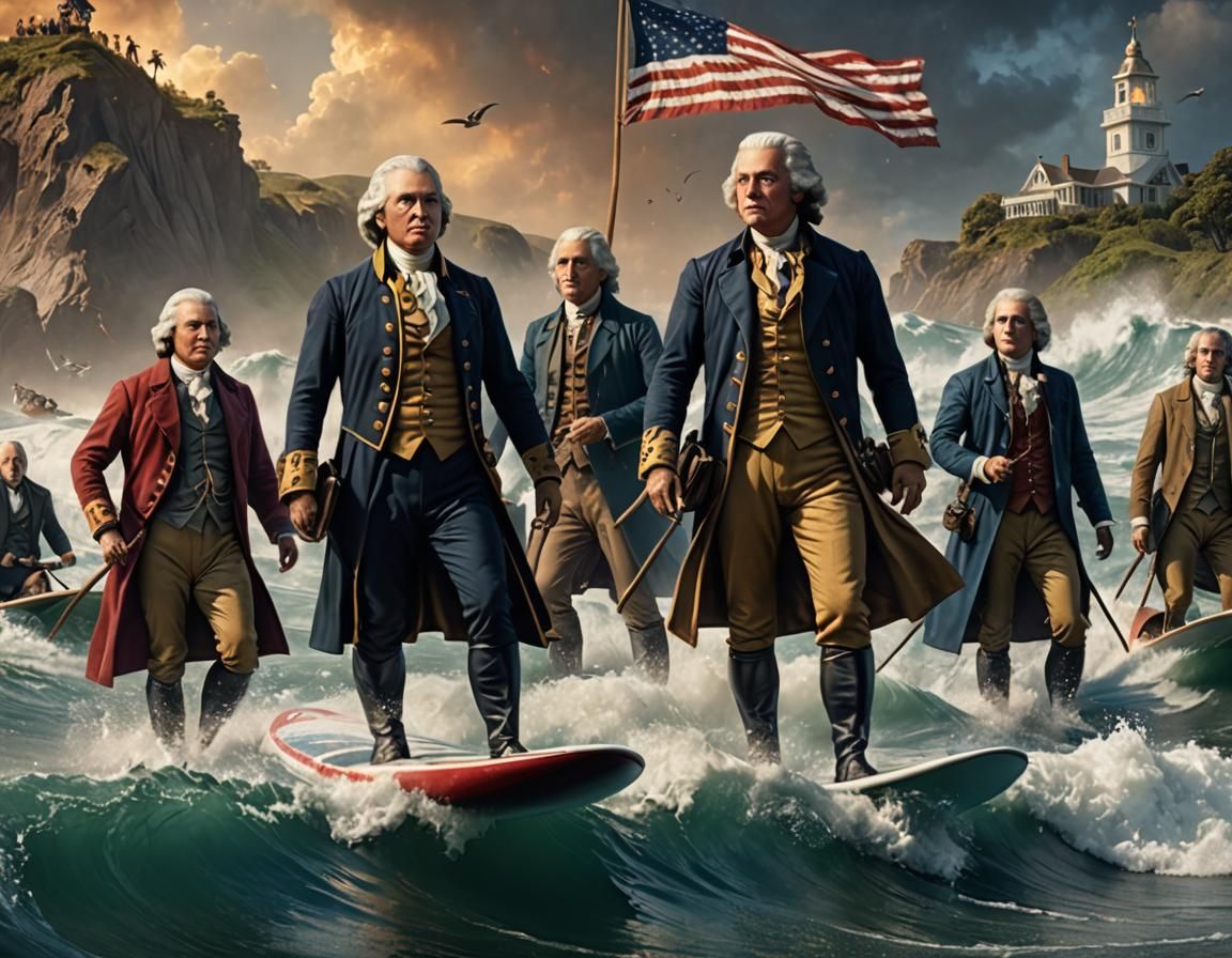 Founding Fathers Surf in a Fantastical USA Splash Screen