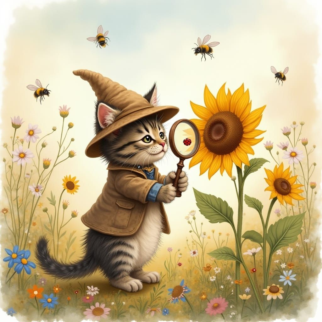 Detective Kitten and Ladybug in Watercolor Meadow