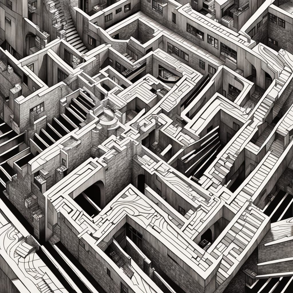 Surrealist Staircase Maze in Intricate Line Work