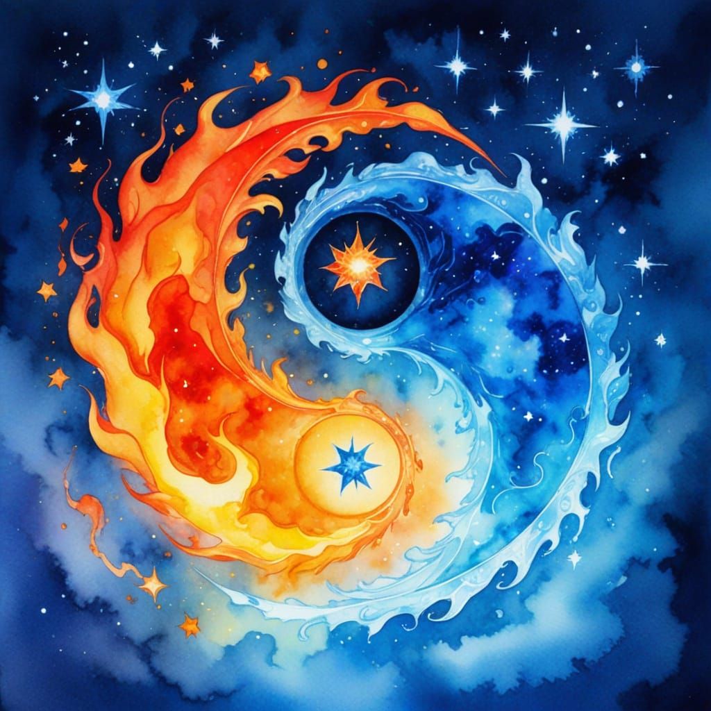 Celestial Yin-Yang: A Watercolor and Ink Fantasy