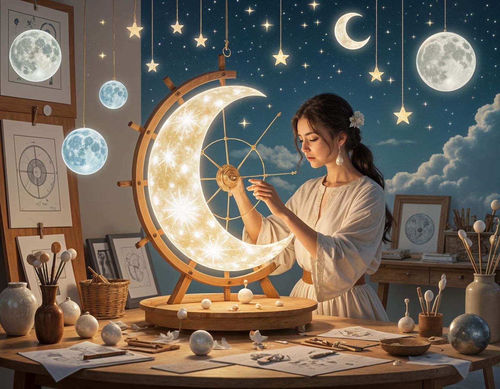 Celestial Artisan Crafting Moons in a Sky Attic