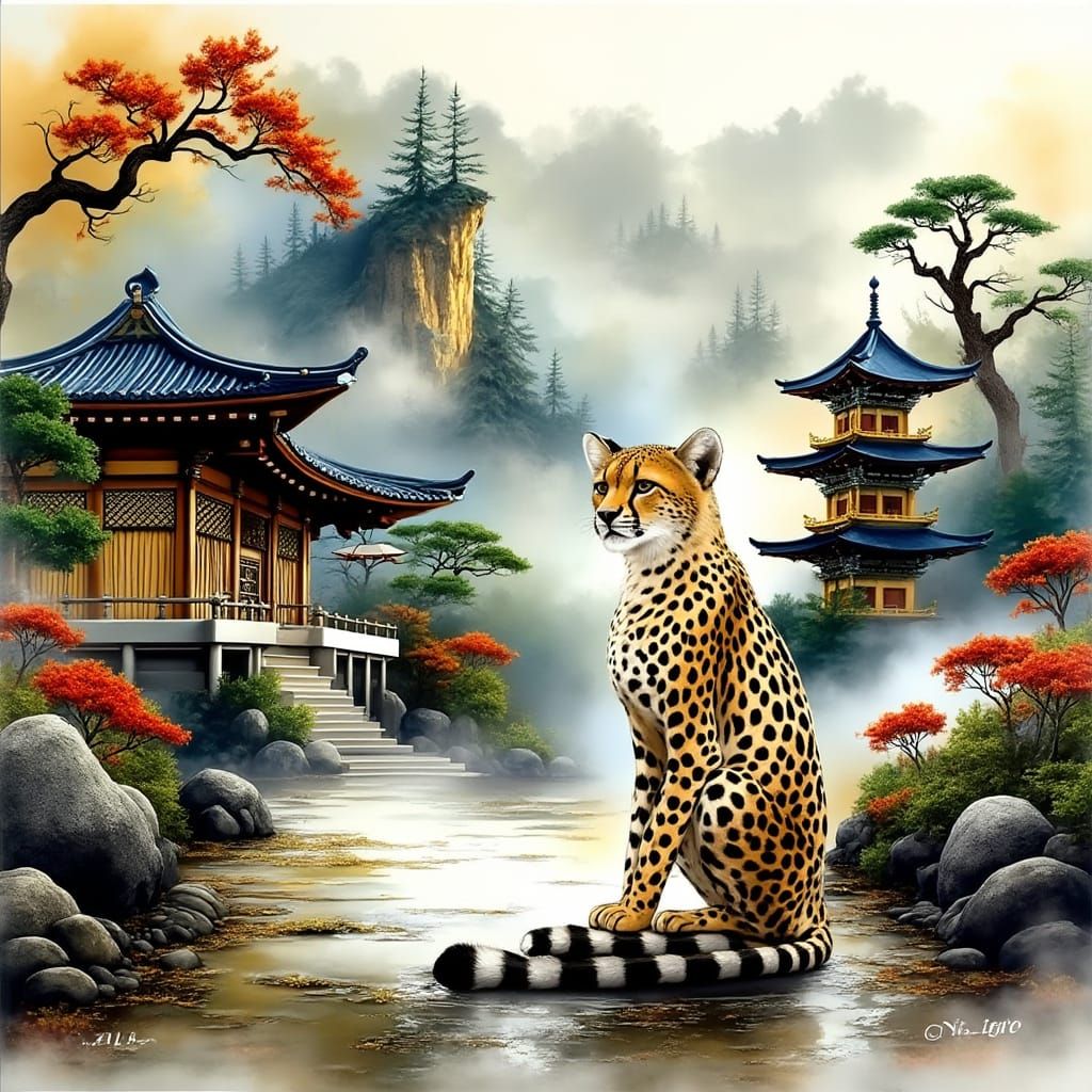 Surreal Cheetah Amidst Japanese Serenity