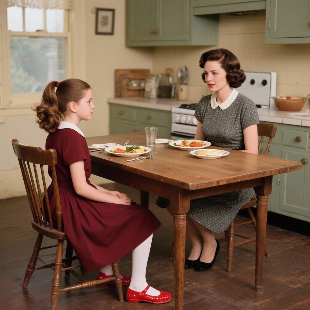1950s Kitchen Scene: Mother and Daughter Dining Together