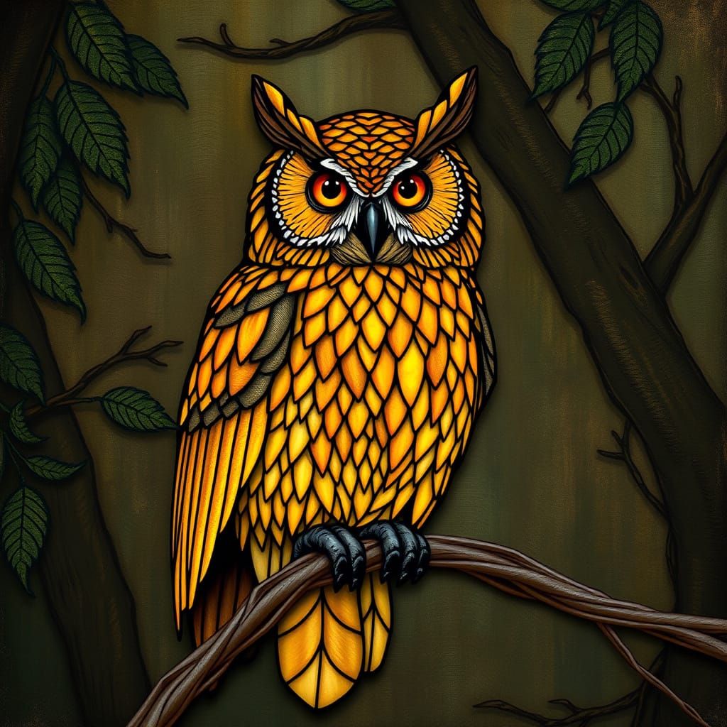 Stained-Glass Owl in Illuminated Manuscript Style