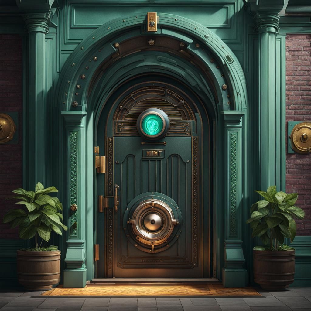 Fantastical Mint Building with Vault Door and Speaker in Dee...