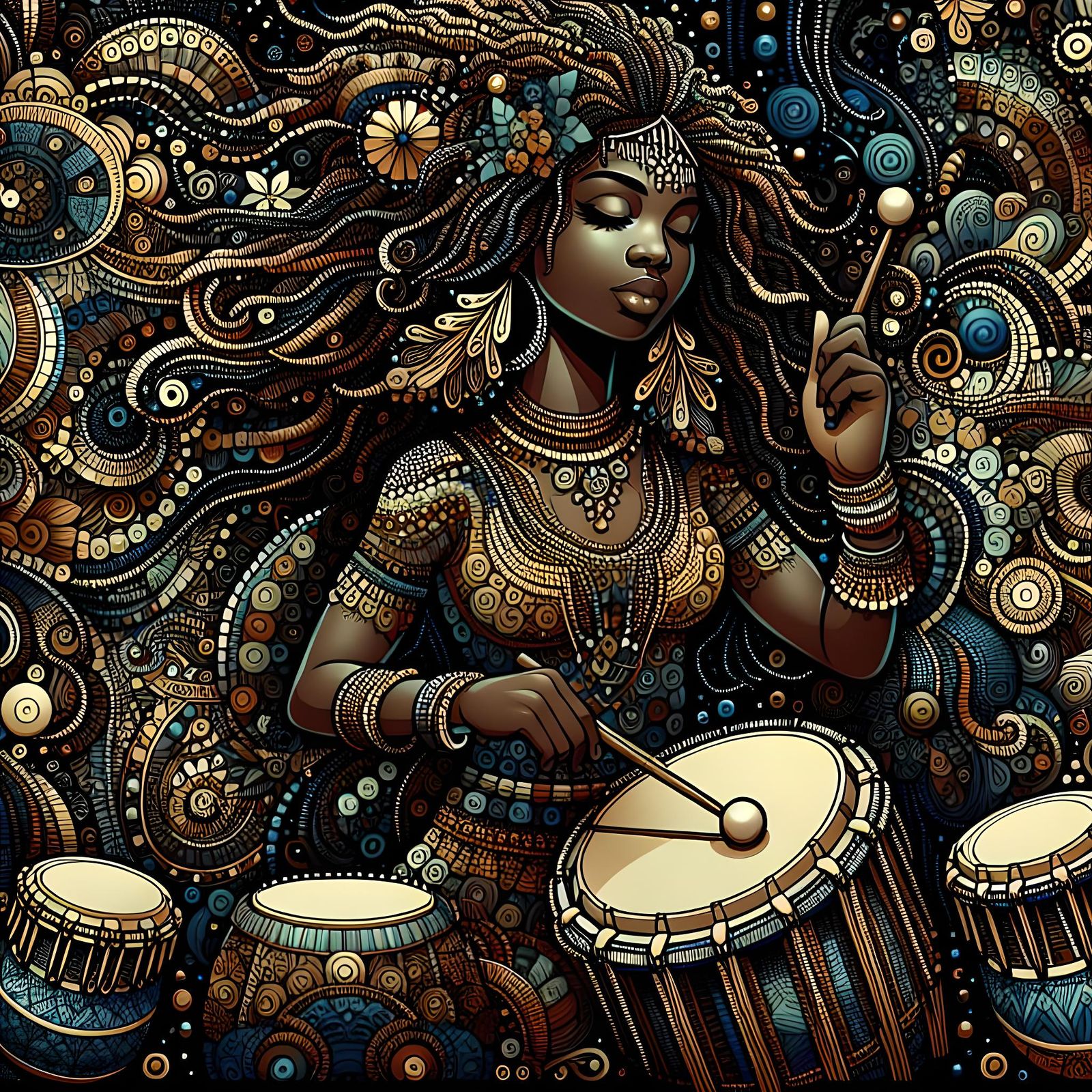 Whimsical Black Goddess of Music in Vibrant Mosaic Style