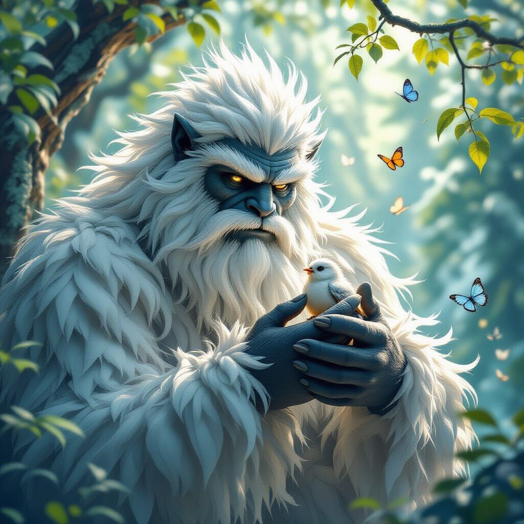 Gentle Yeti Cradles Bird in Summer Forest