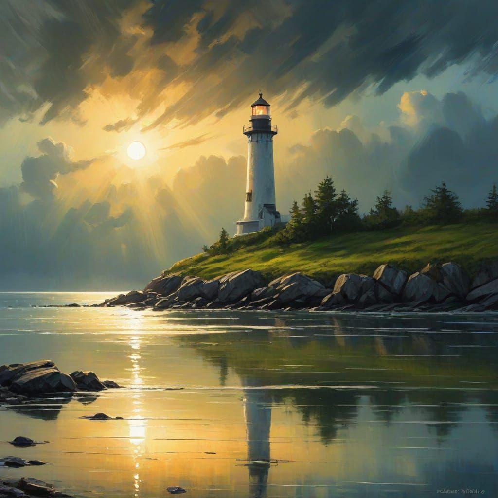 Lighthouse Under Stormy Sky Impasto Oil Painting