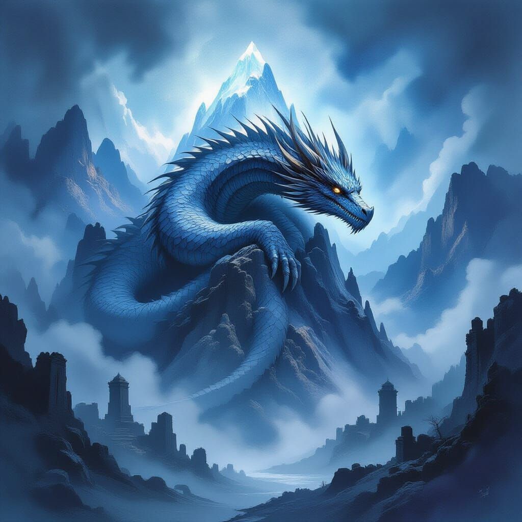 Ancient Dragon Sleeps on Crystal Mountain in Watercolor Sket...