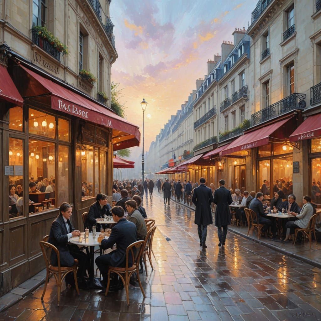 Parisian Cafe Scene at Dusk Impressionist Oil Painting