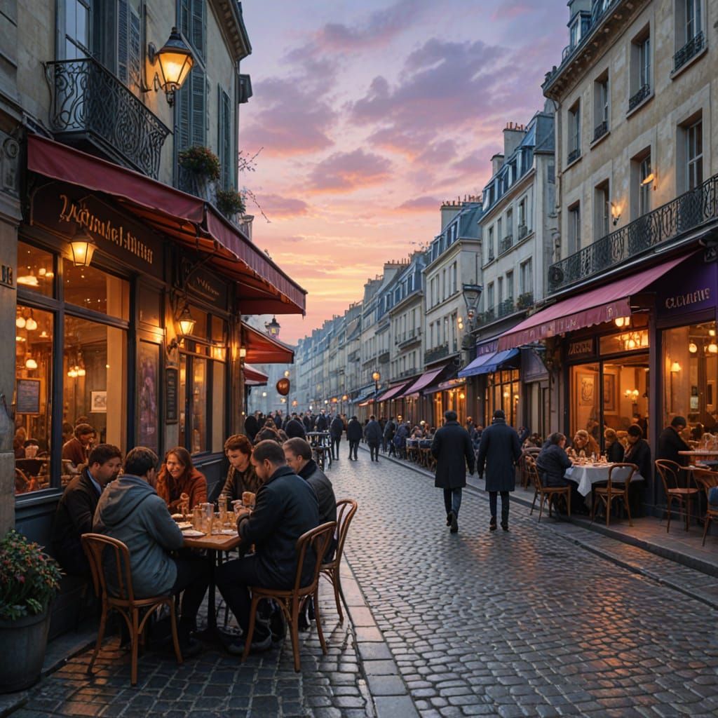 Parisian Cafe at Dusk in Vibrant Oil Painting Style