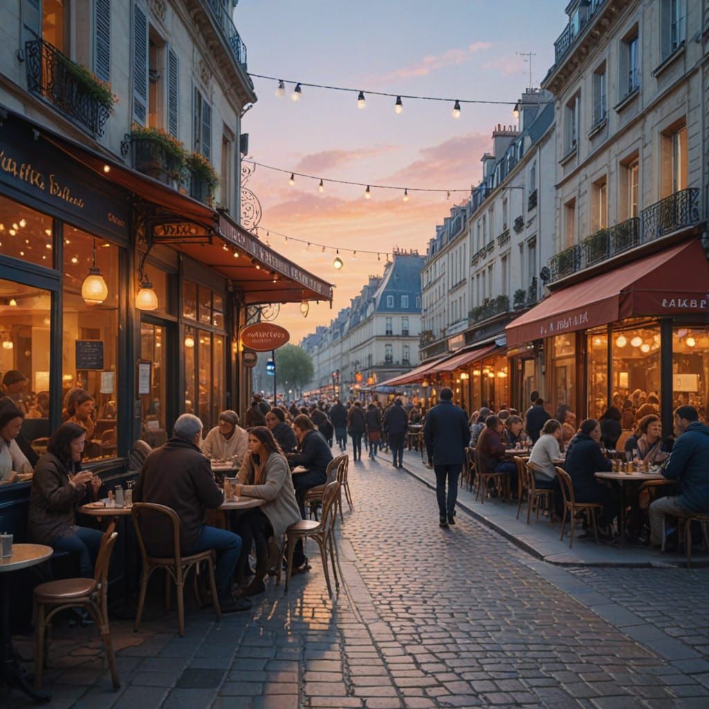 Parisian Cafe at Dusk, Vibrant Impressionistic Scene