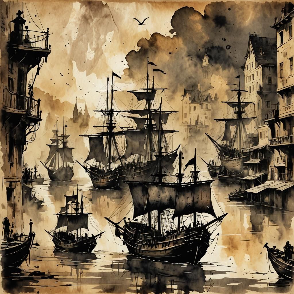 Steampunk Pirates at Dawn in a Vintage European Street Scene