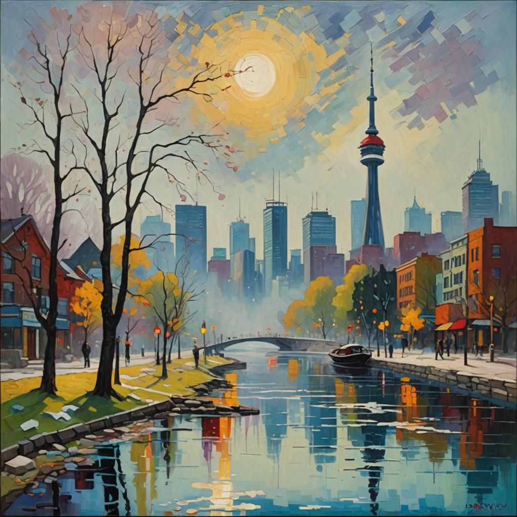 Vibrant Toronto Landscape in Textured Oil on Wooden Panel