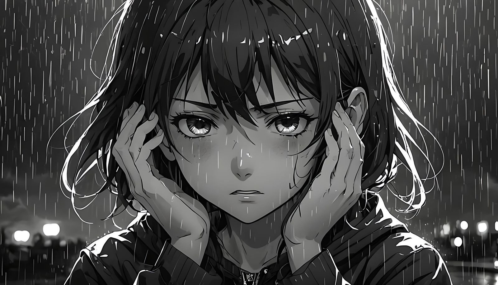 Sorrowful Young Girl in Dark Rainy Landscape